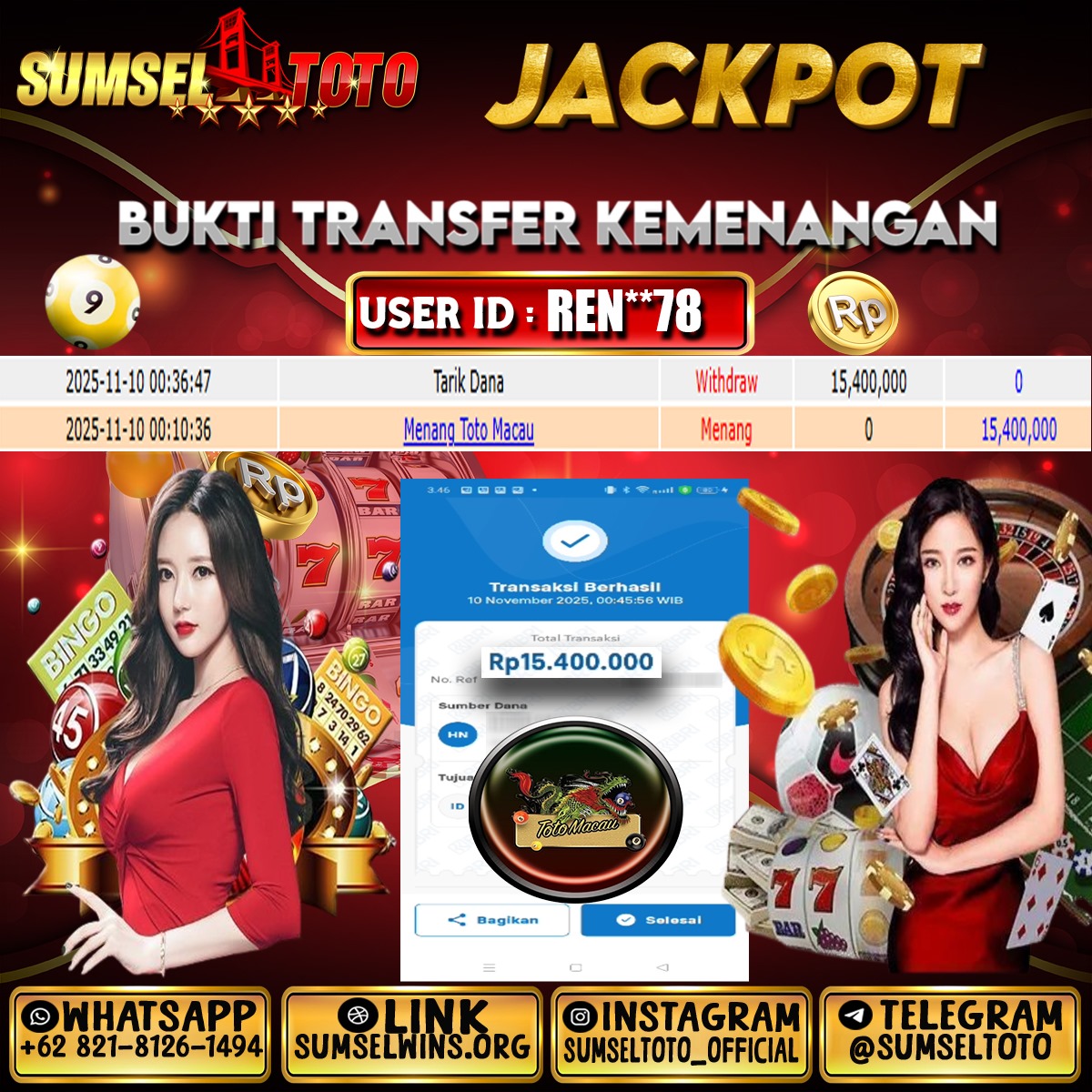 SUMSELTOTO JACKPOT TOCO MACAU Rp.15,400,000.,- LUNAS